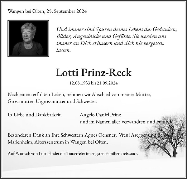 Necrologio Lotti Prinz-Reck, Wangen bei Olten