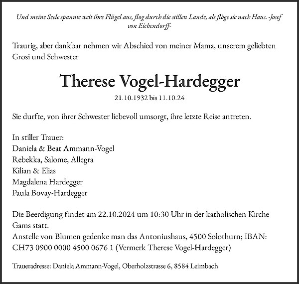 Necrologio Therese Vogel-Hardegger