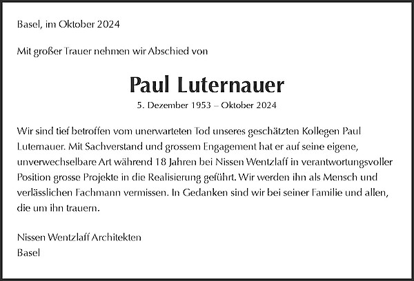 Todesanzeige von Paul Luternauer