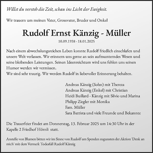 Todesanzeige von Rudolf Ernst Känzig - Müller, Zürich