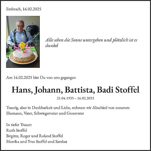 Todesanzeige von Hans, Johann, Battista, Badi Stoffel