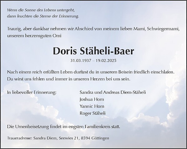 Todesanzeige von Doris Stäheli-Baer